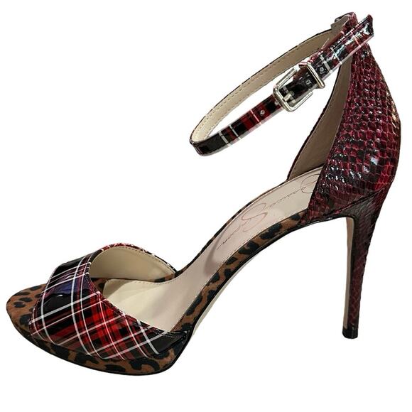 Jessica Simpson daisile faux leather heels plaid leopard snakeskin size 9M /40 - Picture 4 of 8